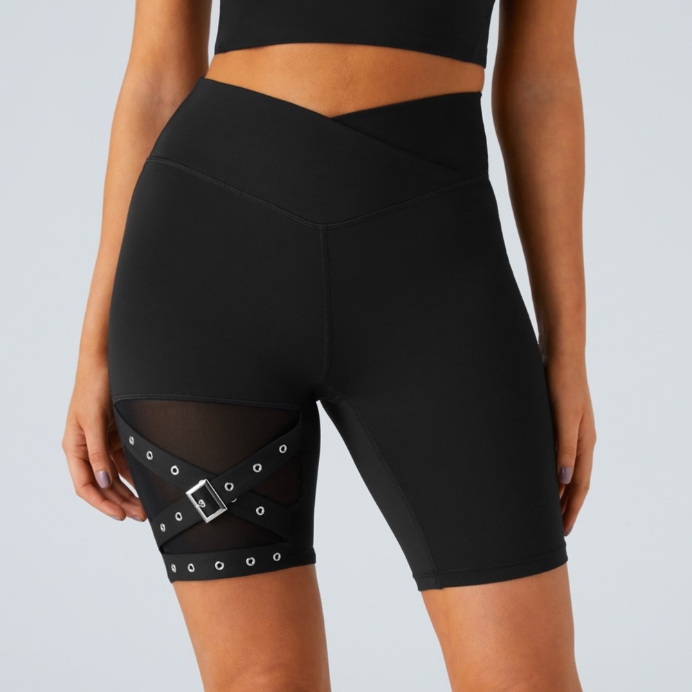 HALARA Black Mesh-Strap High-Waist Bike Shorts